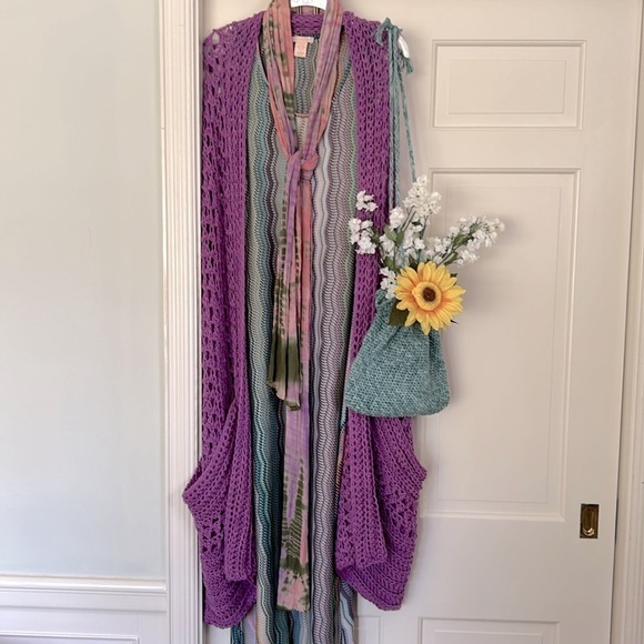 Scandinavian Violet Purple Euro Wrap Open Knit Slouchy Pocket Artisan Corner NEW - Picture 12 of 16